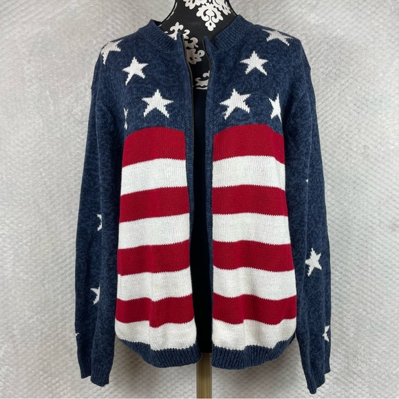 🔥Patriotic Sweater America Flag Red White Blue Sweater Cardigan Tiara Size XL - Picture 2 of 14